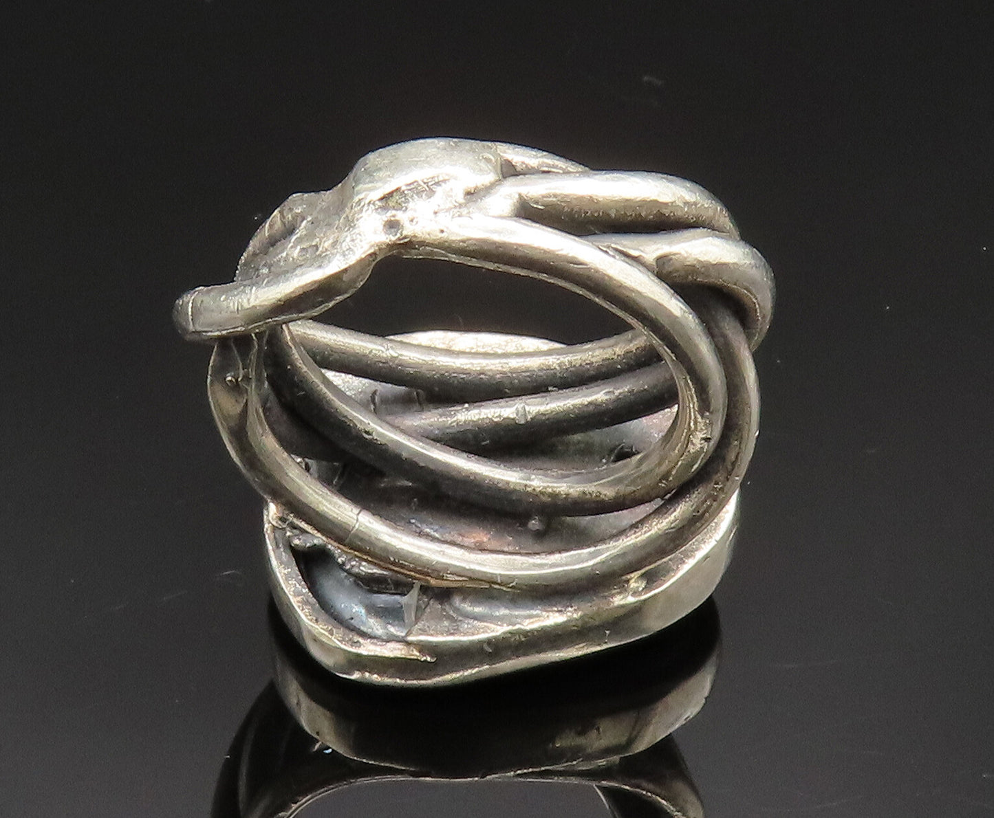 925 Silver  Vintage Hematite Brutalist Crisscross Shank Ring Sz 8  RG24867