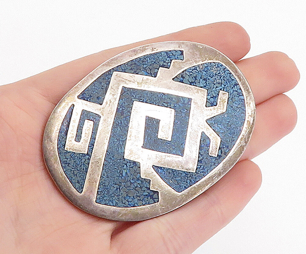 MEXICO 925 Sterling Silver  Vintage Crushed Blue Jasper Brooch Pin  BP2507