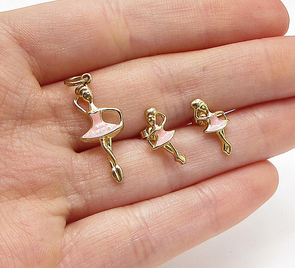 Gold Over 925 Silver  Enamel Dancing Ballerina Pendant & Earrings Set  TR1004