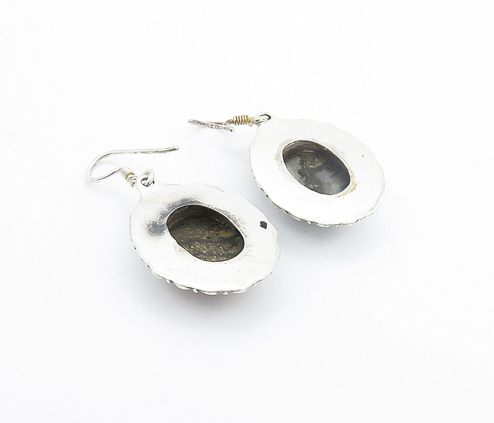 925 Sterling Silver  Vintage Agate With Hematite Oval Dangle Earrings  EG3274