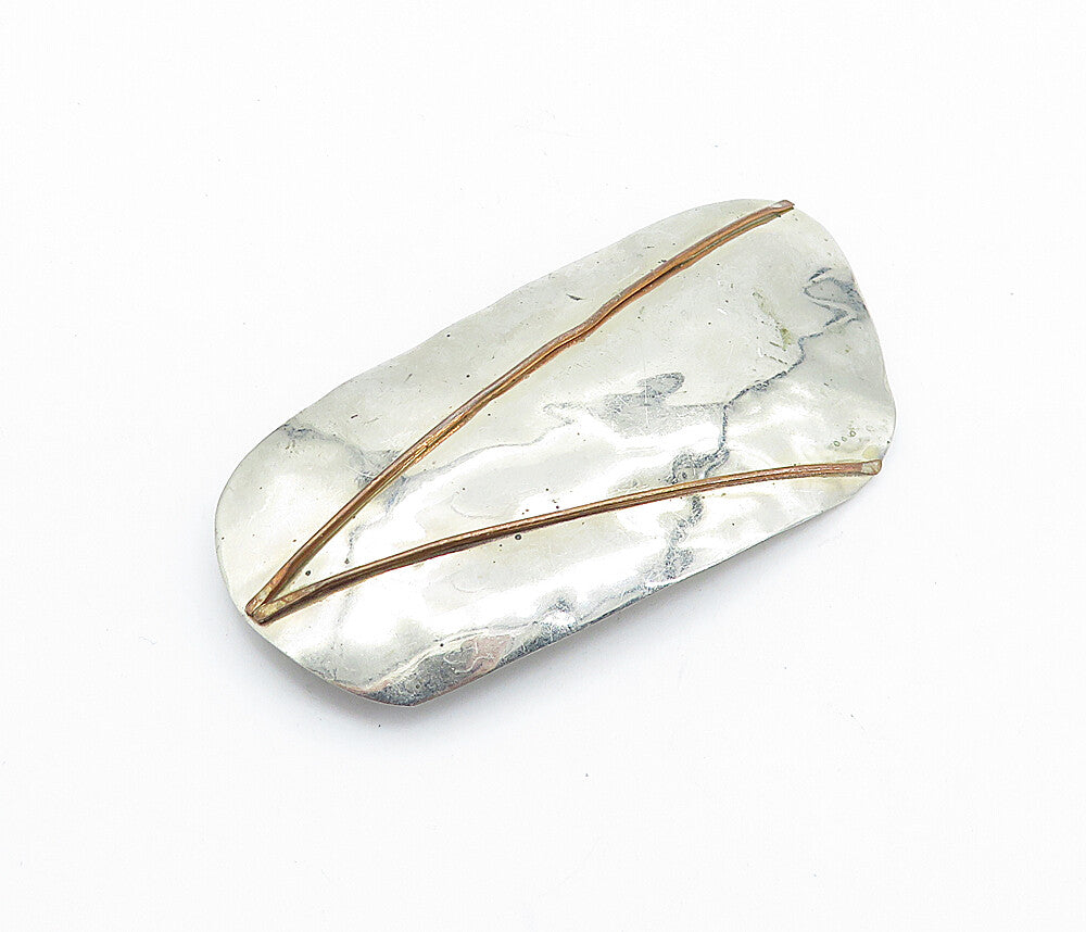 925 Sterling Silver  Vintage Modernist Two Tone Hammered Brooch Pin  BP2571