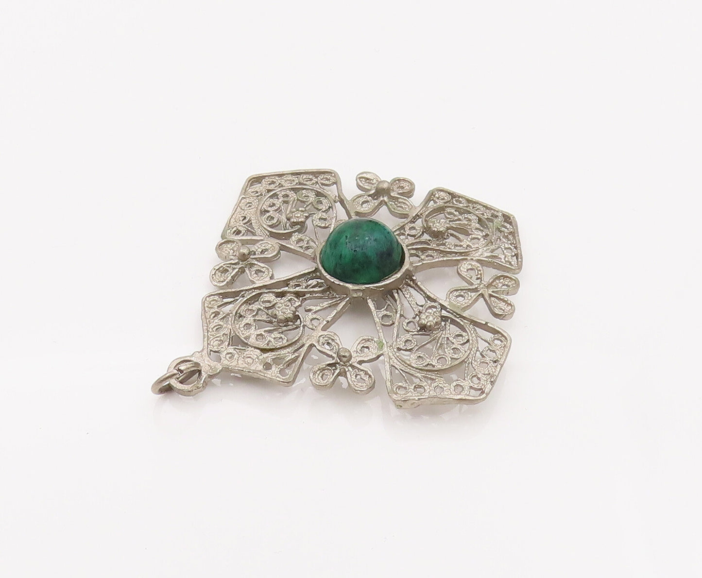 ISRAEL 925 Silver  Vintage Filigree  Swirl Chrysocolla Cross Pendant PT22121