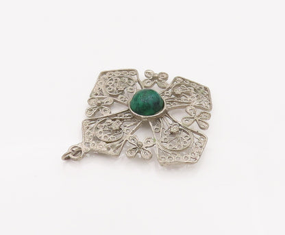 ISRAEL 925 Silver  Vintage Filigree  Swirl Chrysocolla Cross Pendant PT22121