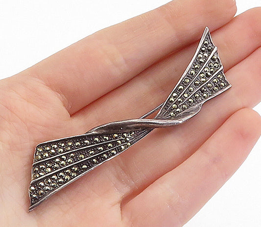 925 Sterling Silver  Vintage Marcasite Dark Tone Swirl Bow Brooch Pin  BP2699