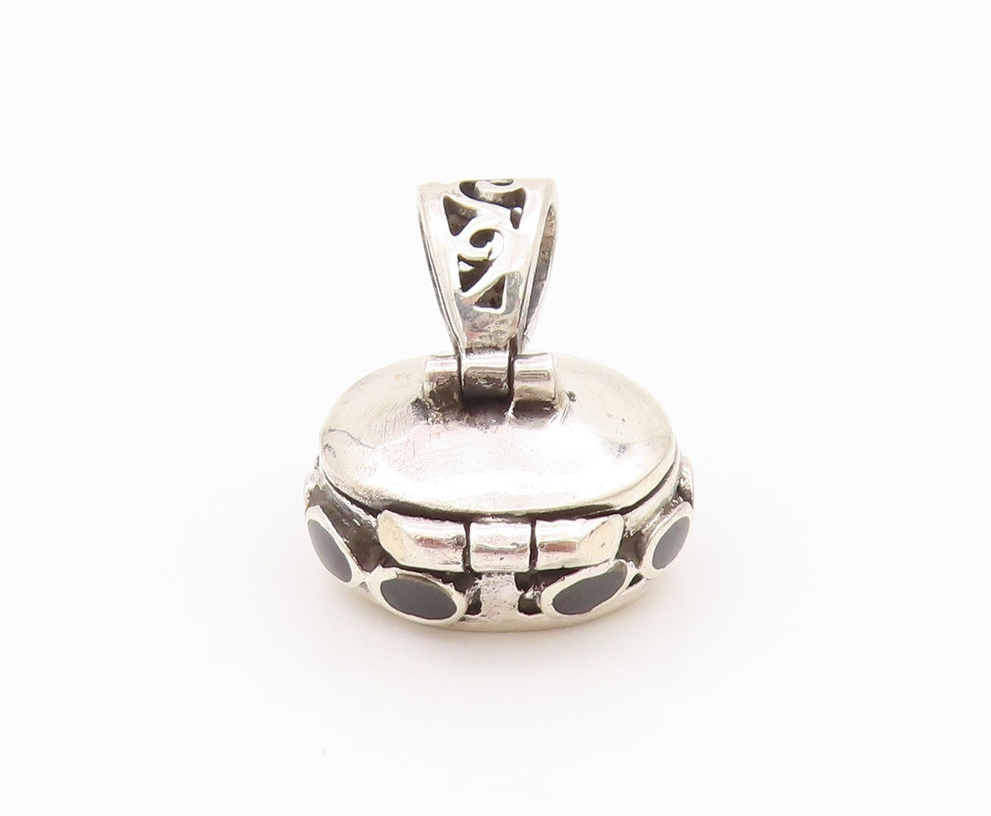 925 Sterling Silver Vintage Pendant Solid Onyx Carved Box OPENS  PT24300