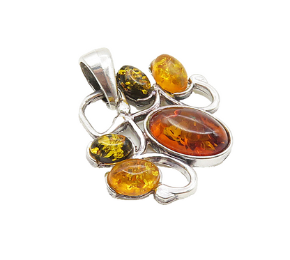 925 Sterling Silver  Vintage Cabochon Cut Amber Cluster Drop Pendant  PT7112