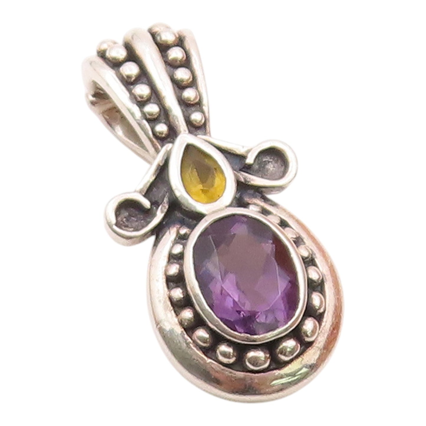 925 Sterling Silver  Vintage Amethyst & Citrine Bubble Bail Pendant  PT15939