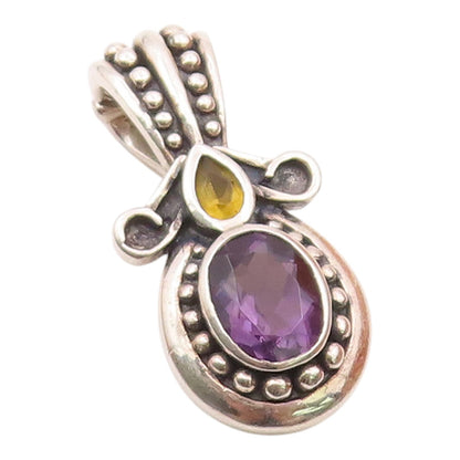 925 Sterling Silver  Vintage Amethyst & Citrine Bubble Bail Pendant  PT15939