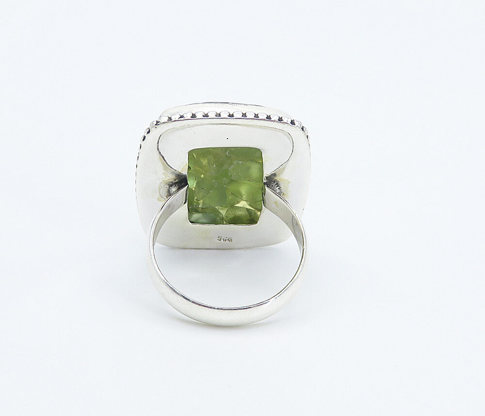 925 Sterling Silver  Peridot Cluster Square Fluted Cocktail Ring Sz 9  RG8306
