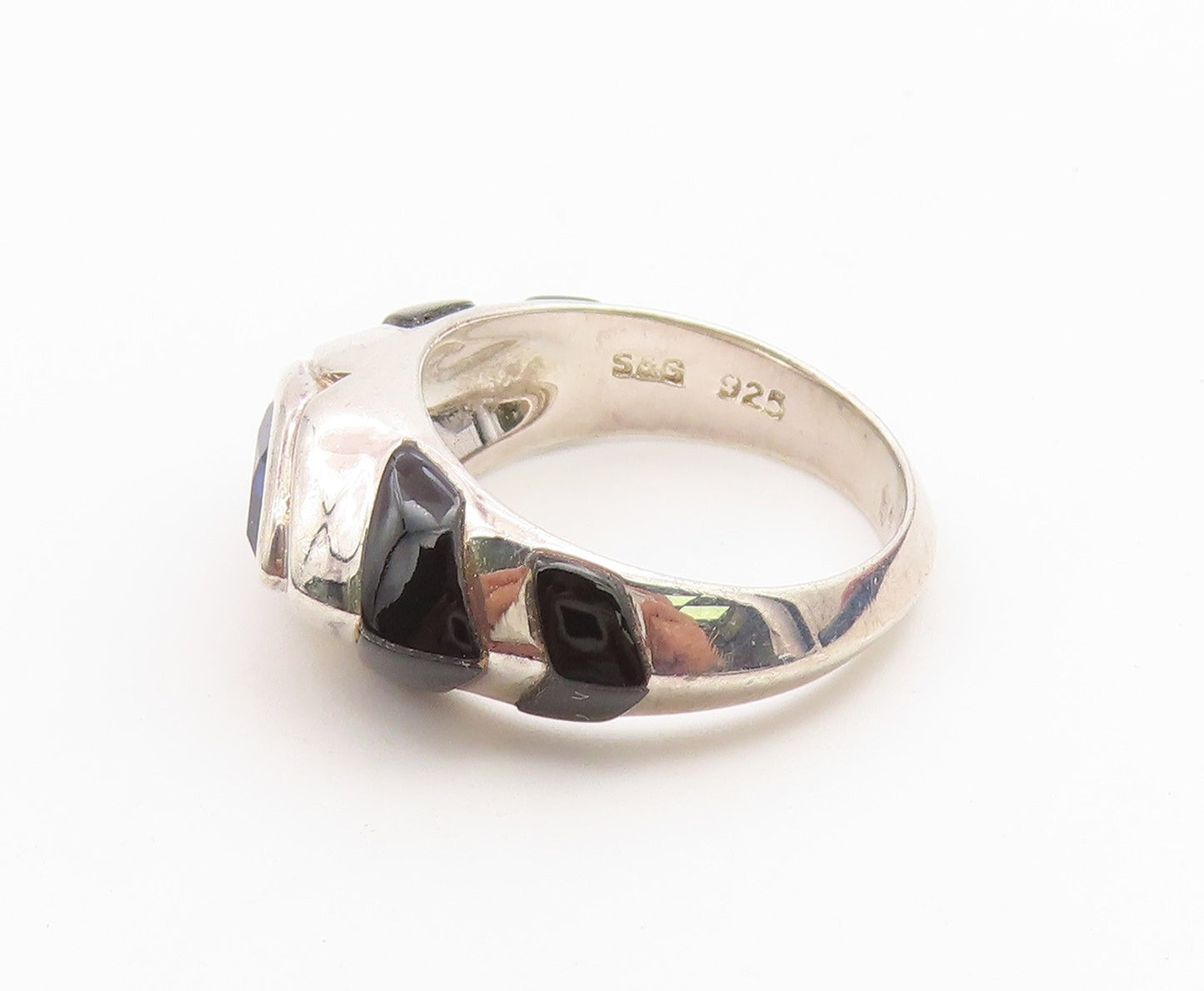 925 Sterling Silver Vintage Ring Marquise Cut Amethyst & Onyx Band Sz 5 RG36661