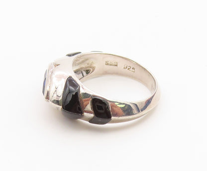 925 Sterling Silver Vintage Ring Marquise Cut Amethyst & Onyx Band Sz 5 RG36661