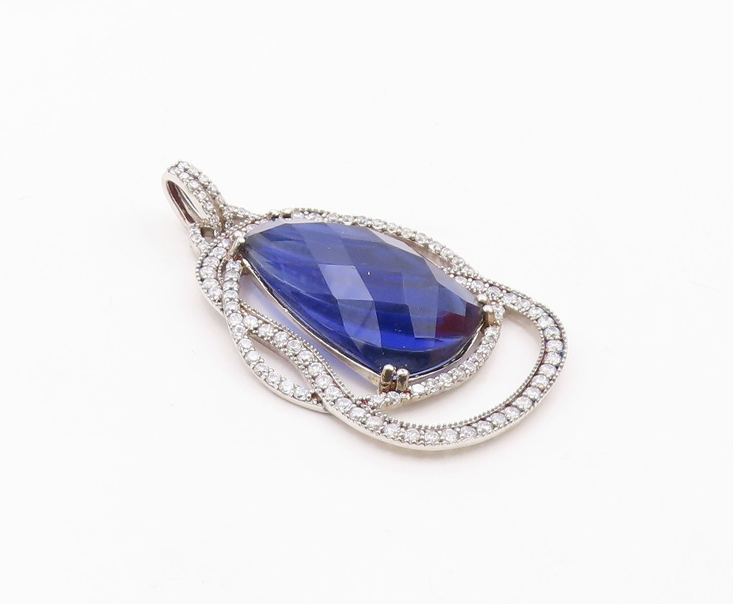 925 Sterling Silver  Shiny Faceted Tanzanite & Cubic Zirconia Pendant  PT13605