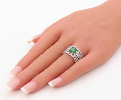 925 Sterling Silver Vintage Ring Designer Cutout White & Green CZ  Sz 7 RG30853