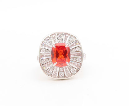 925 Sterling Silver Vintage Ring Rectangle Orange Halo White CZ Sz 7  RG30729
