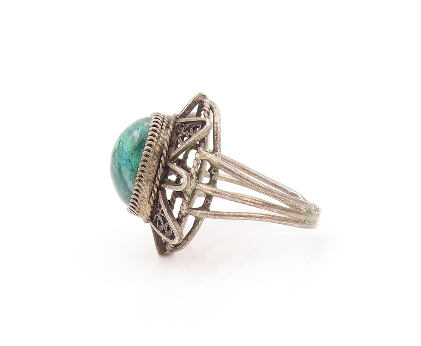 925 Sterling Silver Vintage Ring Dark Tone Gemstone Sun Cutout  SZ 8  RG32181