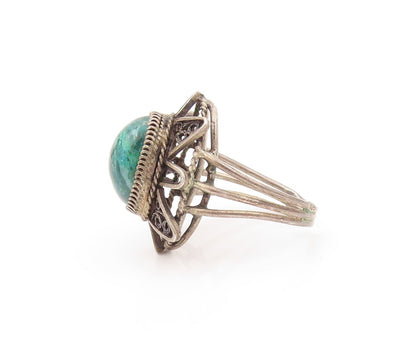 925 Sterling Silver Vintage Ring Dark Tone Gemstone Sun Cutout  SZ 8  RG32181