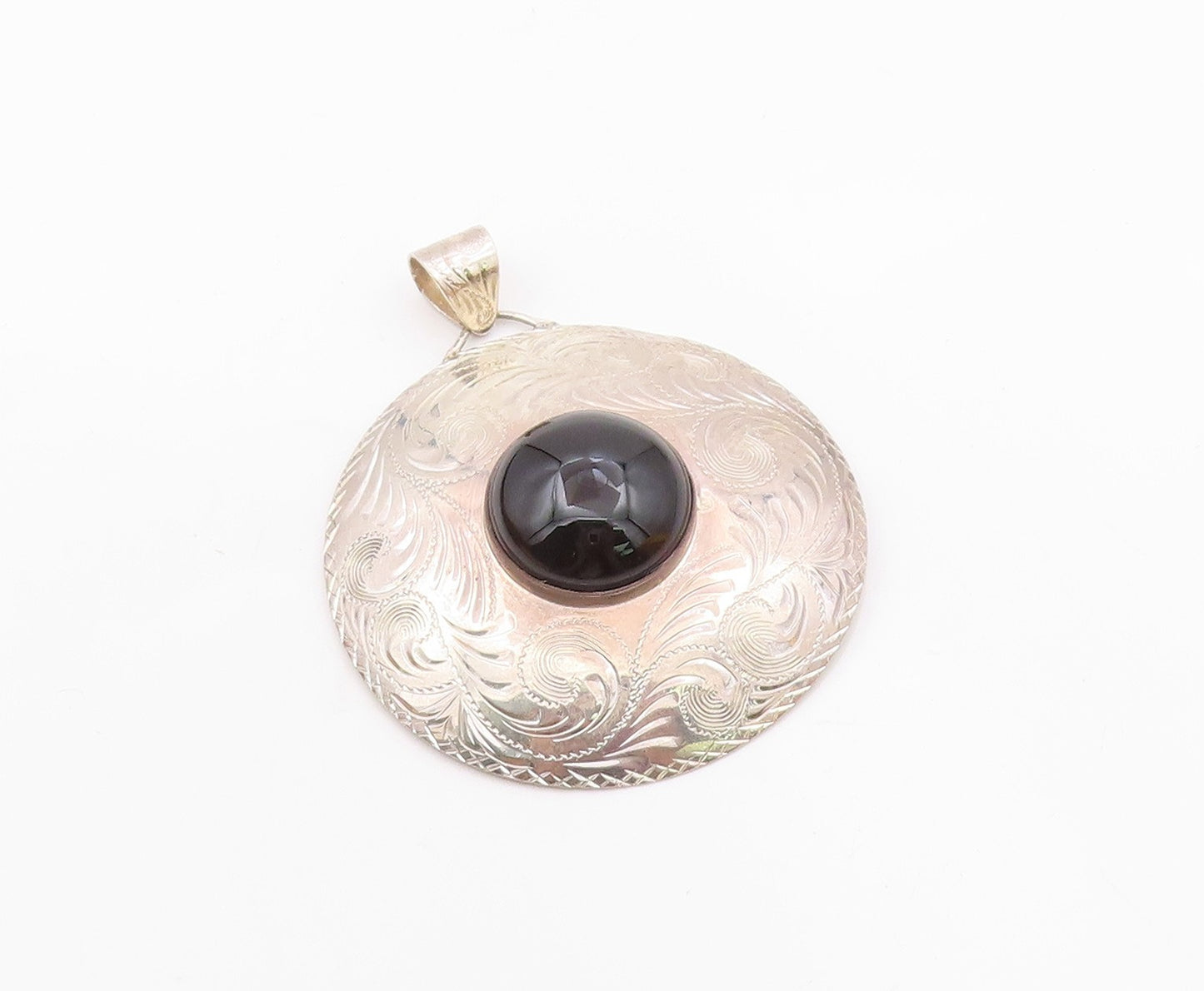 MERAV MEXICO 925 Silver  Vintage Black Onyx Shiny Swirl Vine Pendant  PT7758
