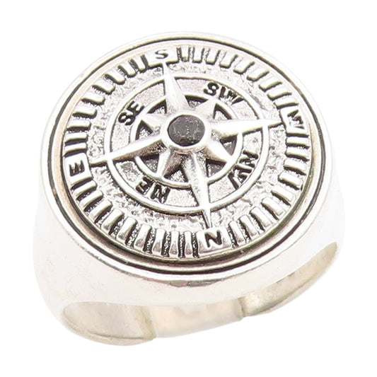 925 Sterling Silver Vintage Ring Carved Nautical Compass Signet  Sz 9.5  RG34415