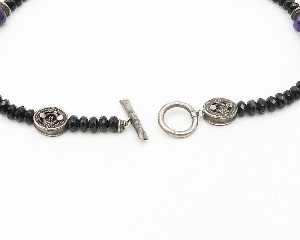 925 Sterling Silver  Vintage Hematite & Amethyst Beaded Chain Necklace  NE2852
