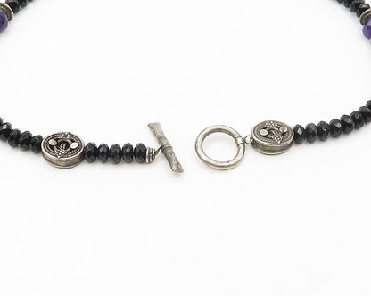 925 Sterling Silver  Vintage Hematite & Amethyst Beaded Chain Necklace  NE2852