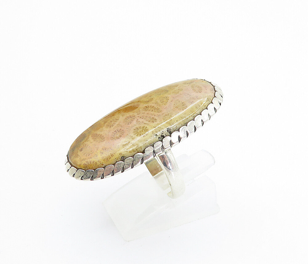 925 Sterling Silver Fossilized Coral Oval Cocktail Ring Sz 8.5  RG8005