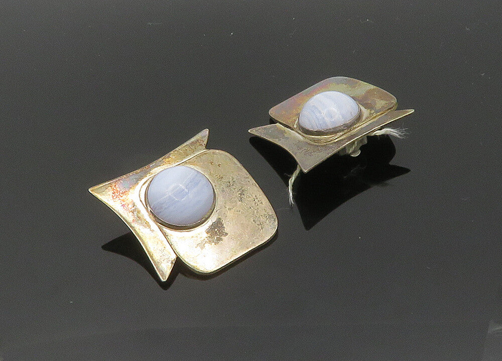 DONNA DALE 925 Silver  Vintage Cabochon Agate Non Pierce Earrings  EG10059