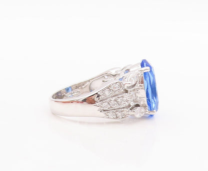 925 Sterling Silver Vintage Ring Designer Cutout Blue & White CZ  Sz 7  RG29596