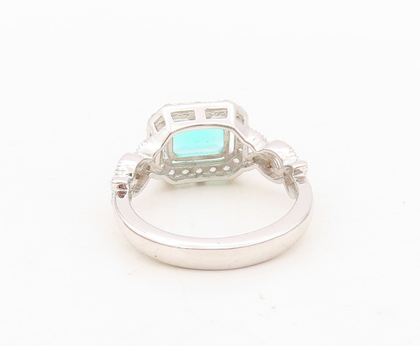 925 Sterling Silver Vintage Ring Rectangle Sea Green Halo White CZ  Sz 7 RG30933