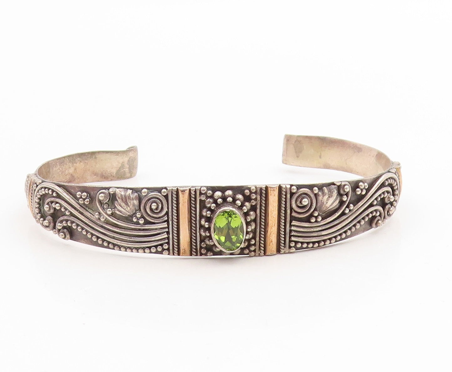 14k Gold & 925 Sterling Silver Vintage Bracelet Peridot Scrollwork Cuff  BT11995
