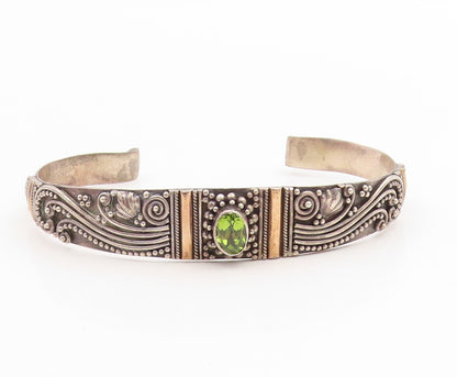 14k Gold & 925 Sterling Silver Vintage Bracelet Peridot Scrollwork Cuff  BT11995