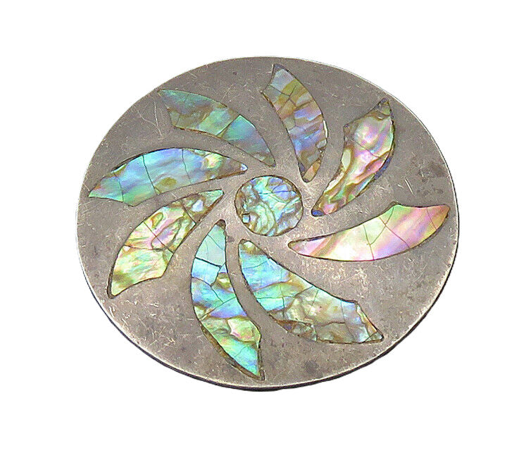 MEXICO 925 Silver  Vintage Inlaid Abalone Shell Flower Brooch Pin  BP8149