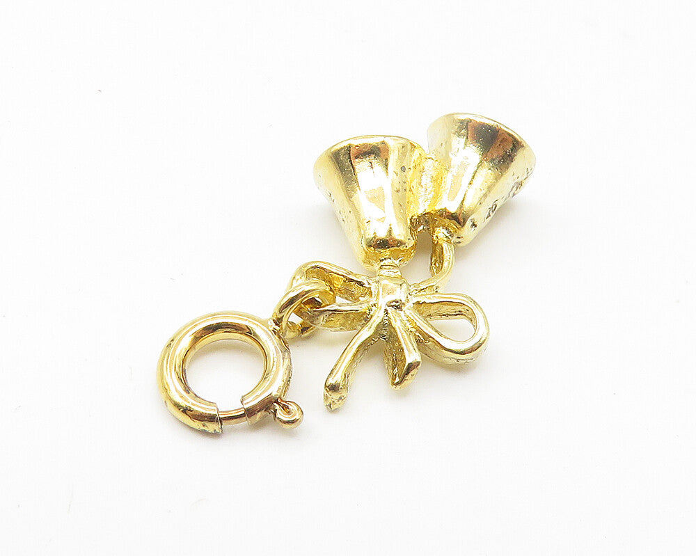 925 Sterling Silver  Vintage Shiny Gold Plated Ribbon Bells Pendant  PT8599
