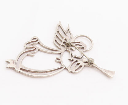 925 Sterling Silver Vintage Brooch Pin Angel Playing Music Stencil  BP10895