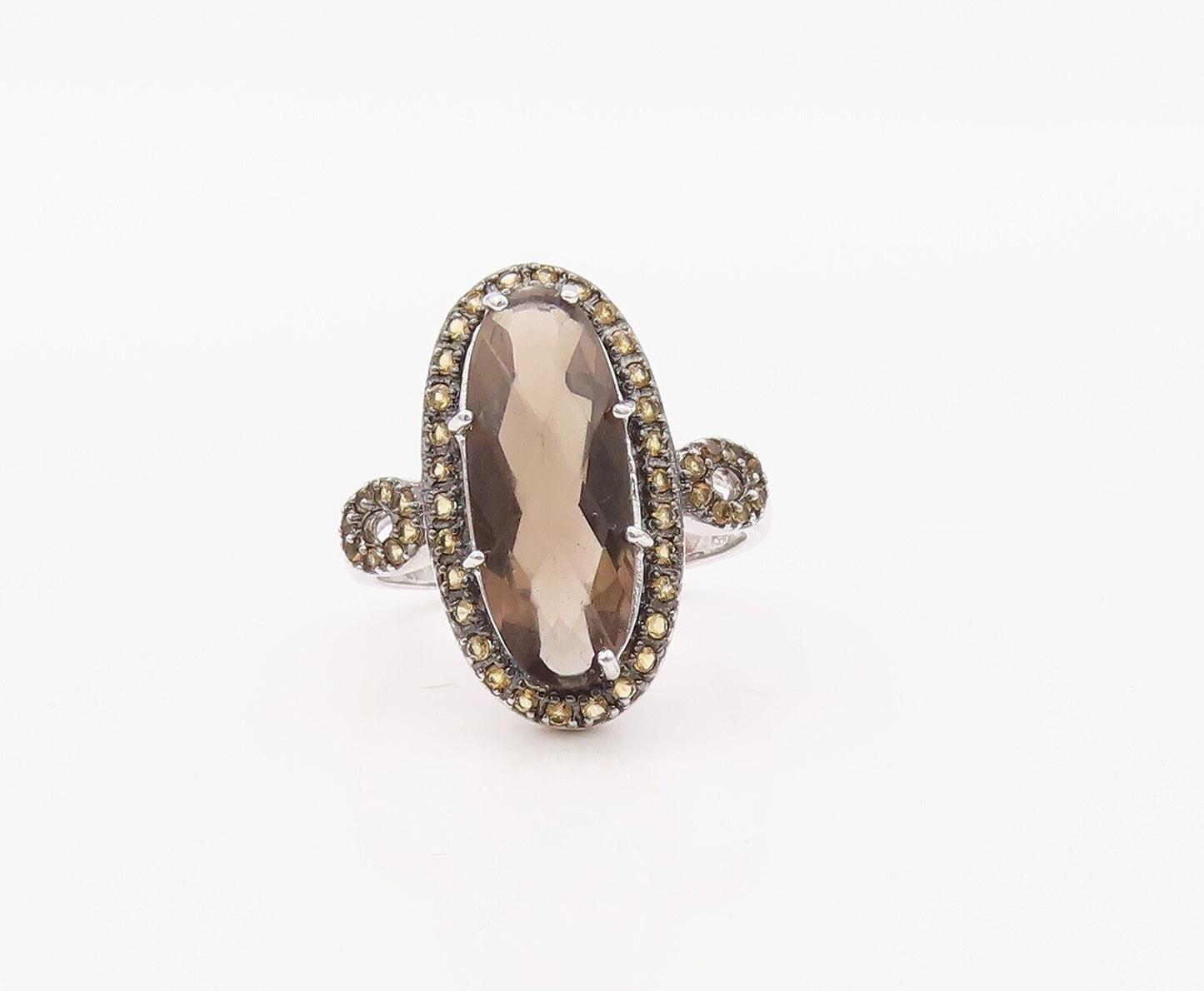 925 Sterling Silver Vintage Ring Oval Smoky Quartz Halo Citrine Sz 10.5  RG30762