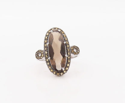 925 Sterling Silver Vintage Ring Oval Smoky Quartz Halo Citrine Sz 10.5  RG30762