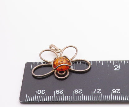 925 Sterling Silver  Vintage Cabochon Cut Amber Butterfly Pendant  PT15648