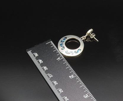 MEXICO 925 Sterling Silver Vintage Turquoise & Onyx Open Circle Earrings EG12250