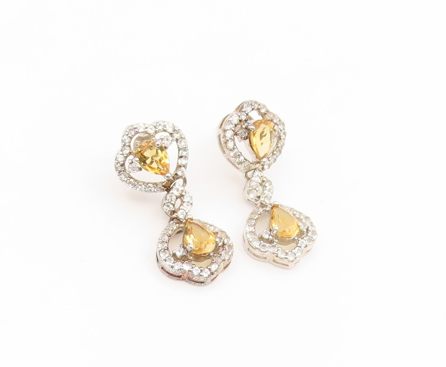 925 Sterling Silver Vintage Earrings Citrine & Halo Topaz Elegant Dangle EG14163