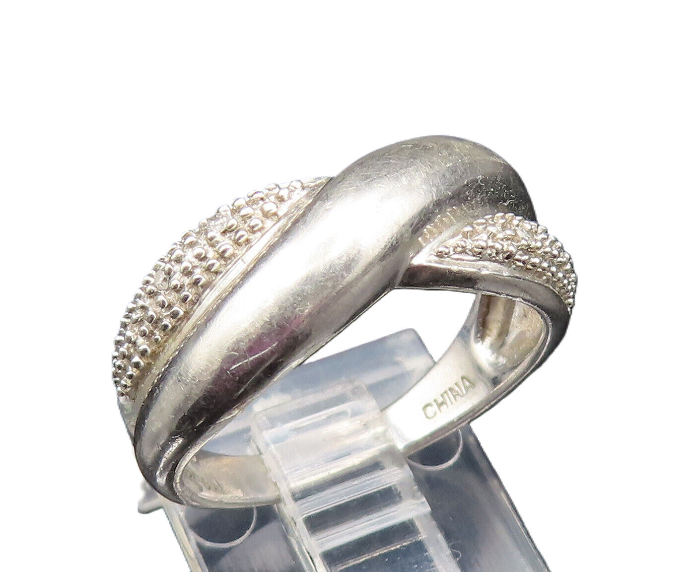 925 Sterling Silver  Vintage Genuine Diamonds Crisscross Ring Sz 7.5  RG25644