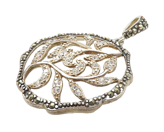925 Sterling Silver  Vintage & Topaz & Marcasite Floral Vine Pendant  PT12038