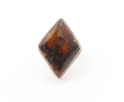 925 Sterling Silver Vintage Ring Diamond Shape Cabochon Amber  Sz 6.5  RG32981