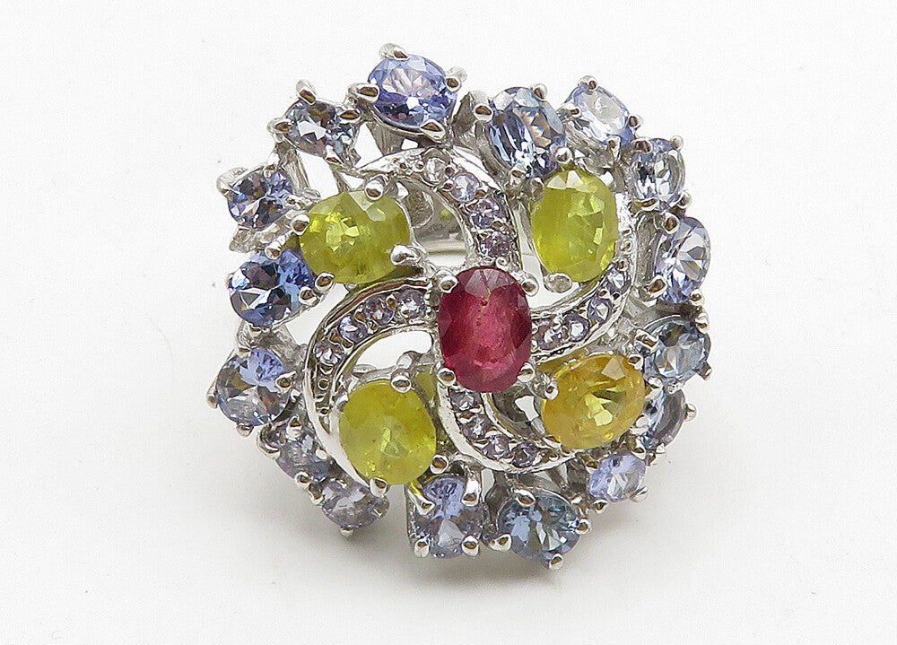 925 Sterling Silver Multi Color Topaz Floral Cocktail Ring Sz 9 RG10521