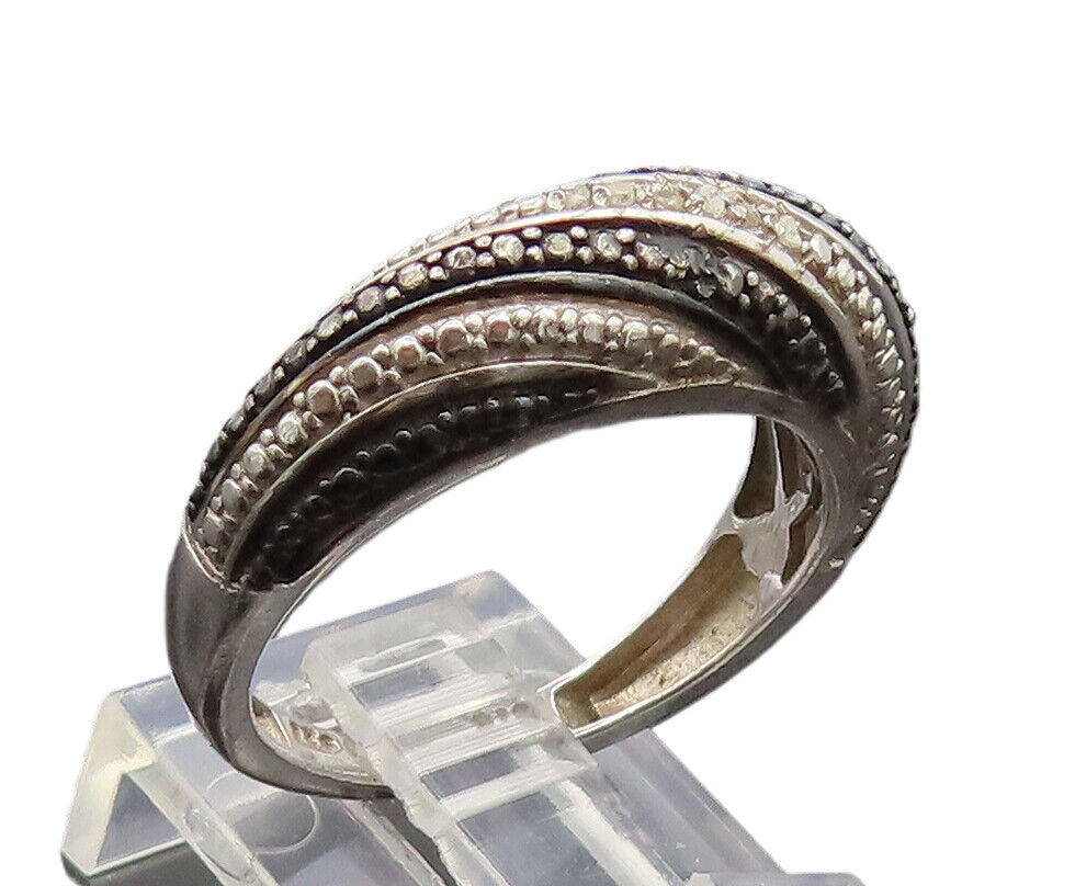 925 Silver  Vintage Alternate Black & White Diamonds Band Ring Sz 8  RG26965