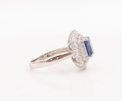 925 Sterling Silver Vintage Ring Blue Rectangle & Round Halo CZ  Sz 7  RG29163