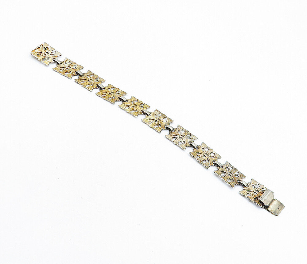 925 Sterling Silver  Vintage Dark Tone Floral Swirl Chain Bracelet  BT2237