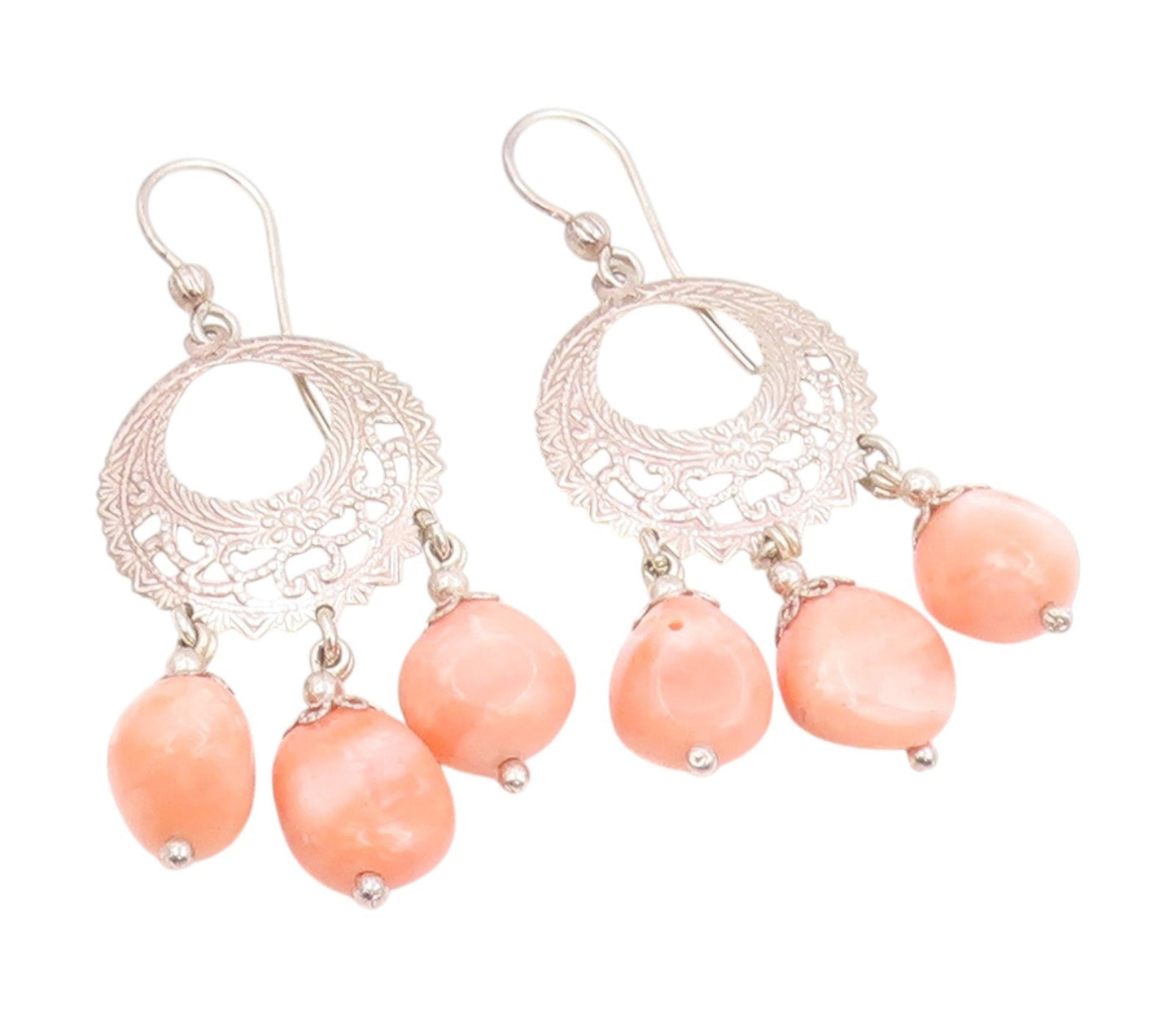 925 Sterling Silver Vintage Earrings POLAND Peach Gemstone Chandelier  EG13991