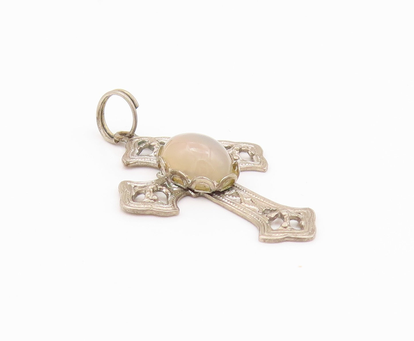 925 Sterling Silver Vintage Pendant Antique Gemstone Carved Cross  PT24272