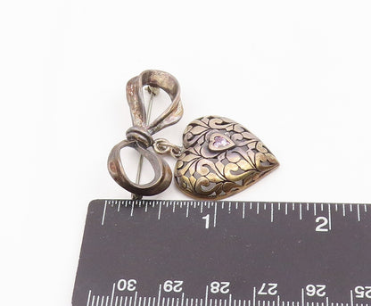925 Sterling Silver Vintage Brooch Pin JEZLAINE Pink Topaz Heart & Bow  BP12337