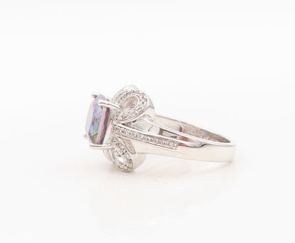 925 Sterling Silver Vintage Ring Designer Mystic Topaz & CZ Flower  Sz 7 RG30463