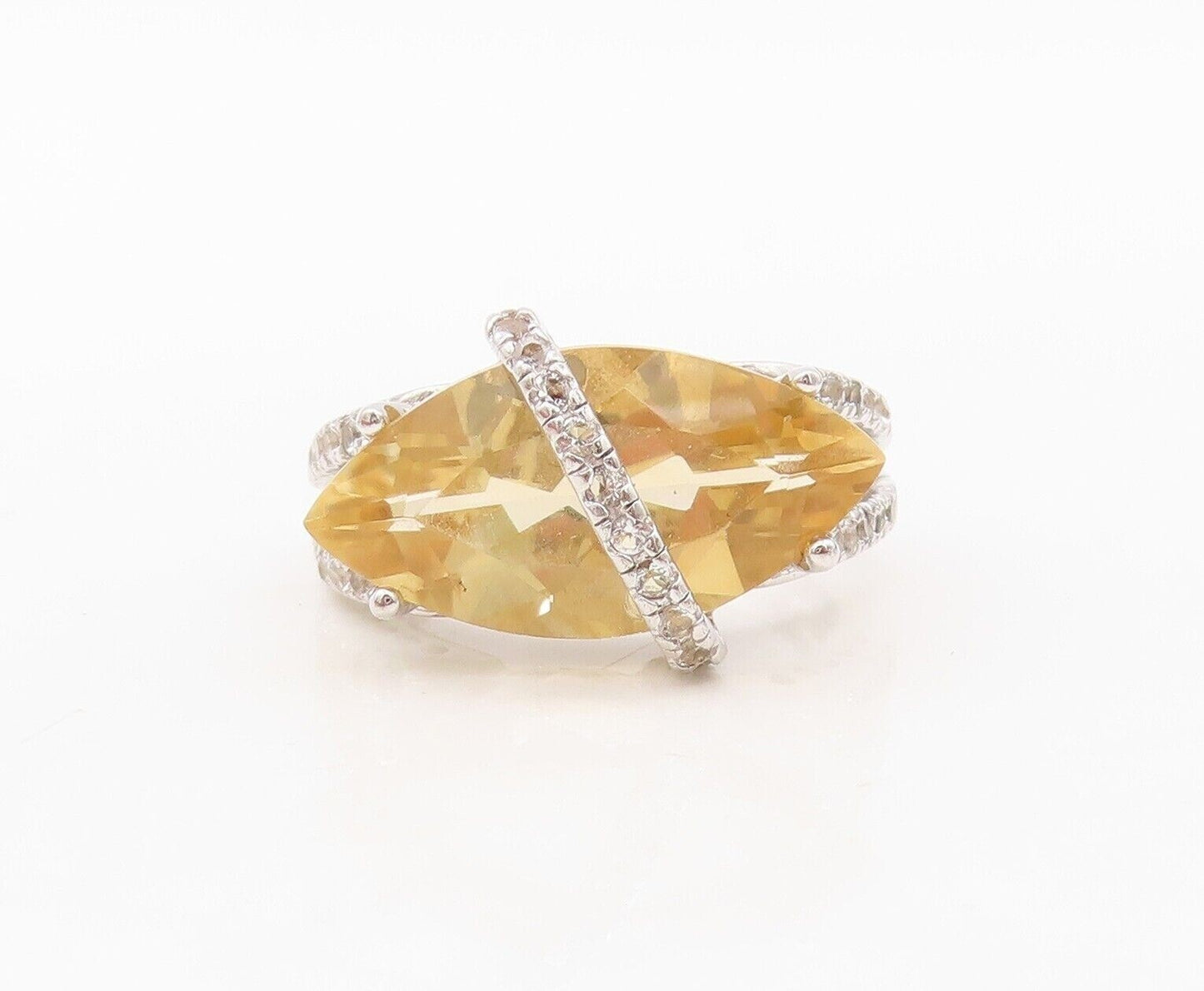 925 Sterling Silver Vintage Ring Marquise Cut Citrine & Topaz Band Sz 7 RG30403